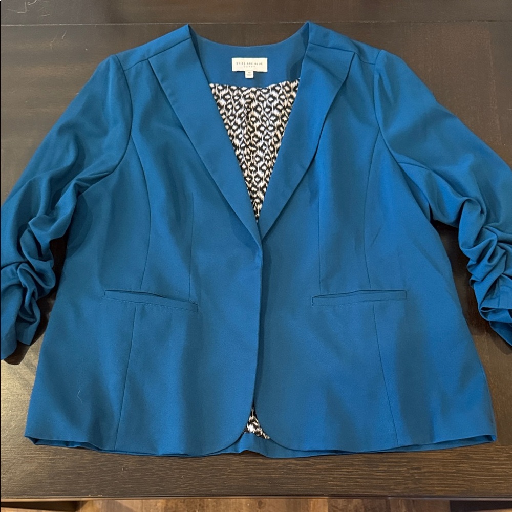 Skies Are Blue Teal Blue Ruched-Sleeve Blazer